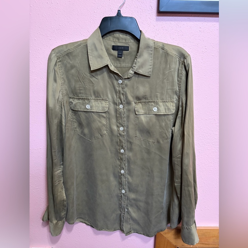 J Crew Silk Button Shirt Womens 8 Khaki Green Collar Pocket Long Sleeve